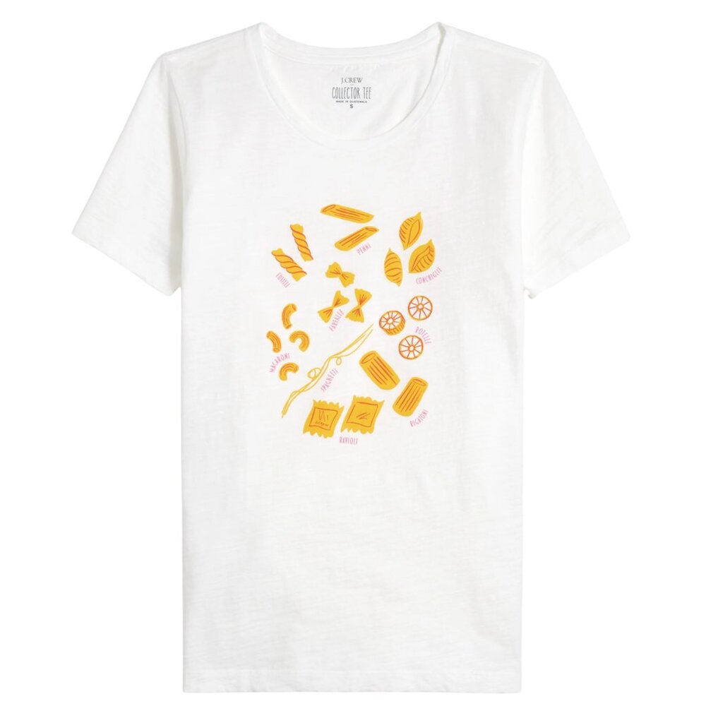 White T-Shirt with Yellow Pasta Print